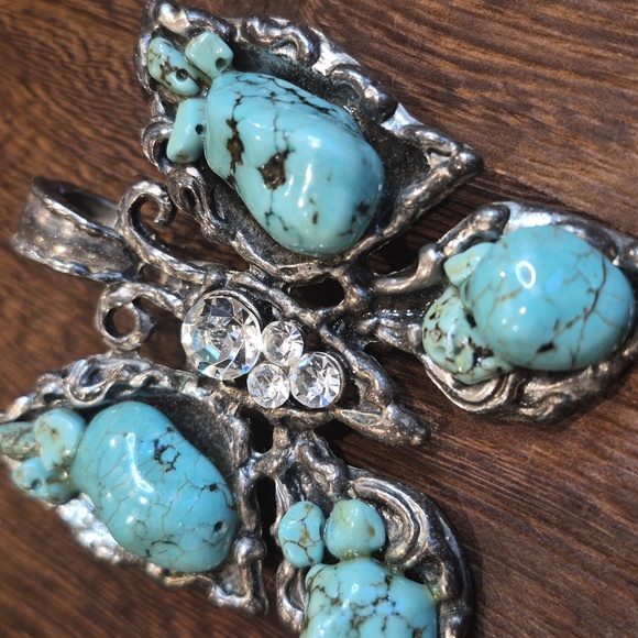 Vtg Turquoise & Rhinestone Embellished Silver Tone Butterfly Necklace Pendant - Picture 3 of 9